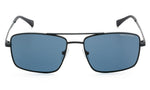Sunglasses with blue lenses on a white background.