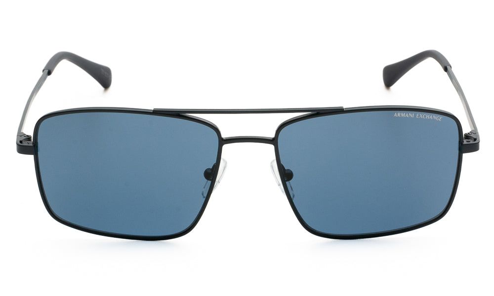 Sunglasses with blue lenses on a white background.