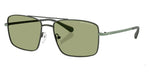 Green framed sunglasses on a white background.