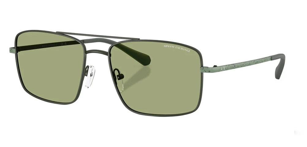 Green framed sunglasses on a white background.