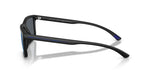 Side angle of dark rectangular glasses with blue lenses on a white background.