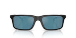 Dark rectangular sunglasses with blue lenses on white background.