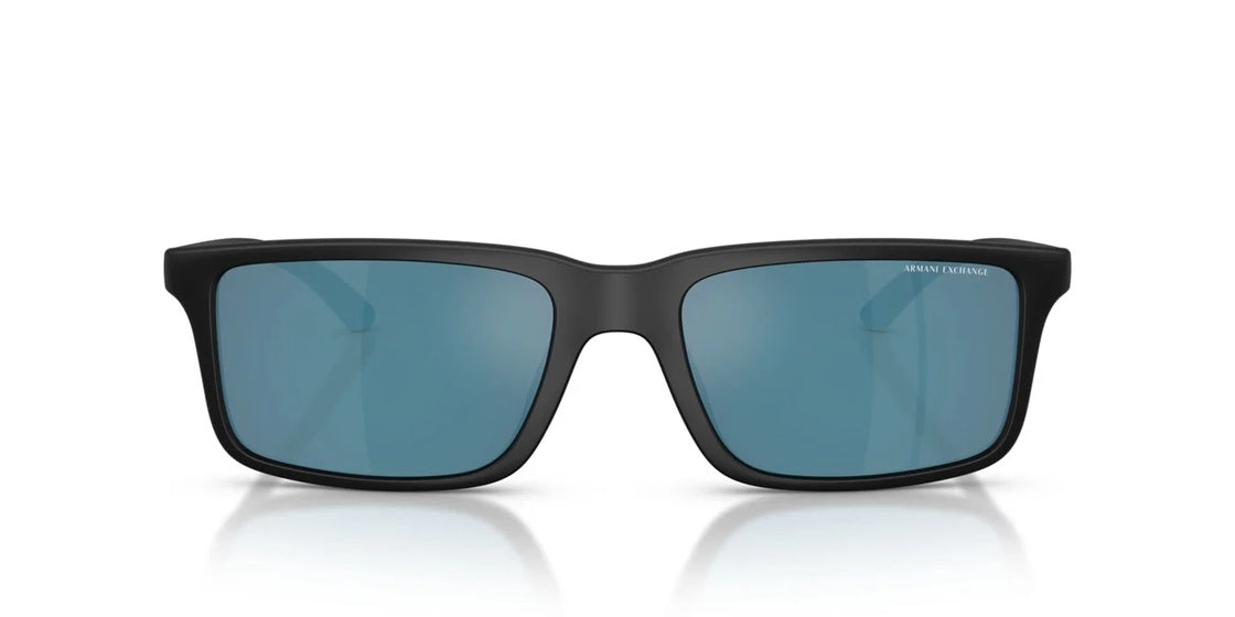 Dark rectangular sunglasses with blue lenses on white background.