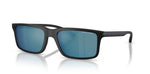 Dark sunglasses with blue lenses on a white background.