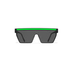 Sunglasses with a green band and a black frame on a white background