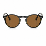 Round sunglasses with a glossy olive frame, brown lenses, and a small silver metal accent on the temples, shown against a plain white background.