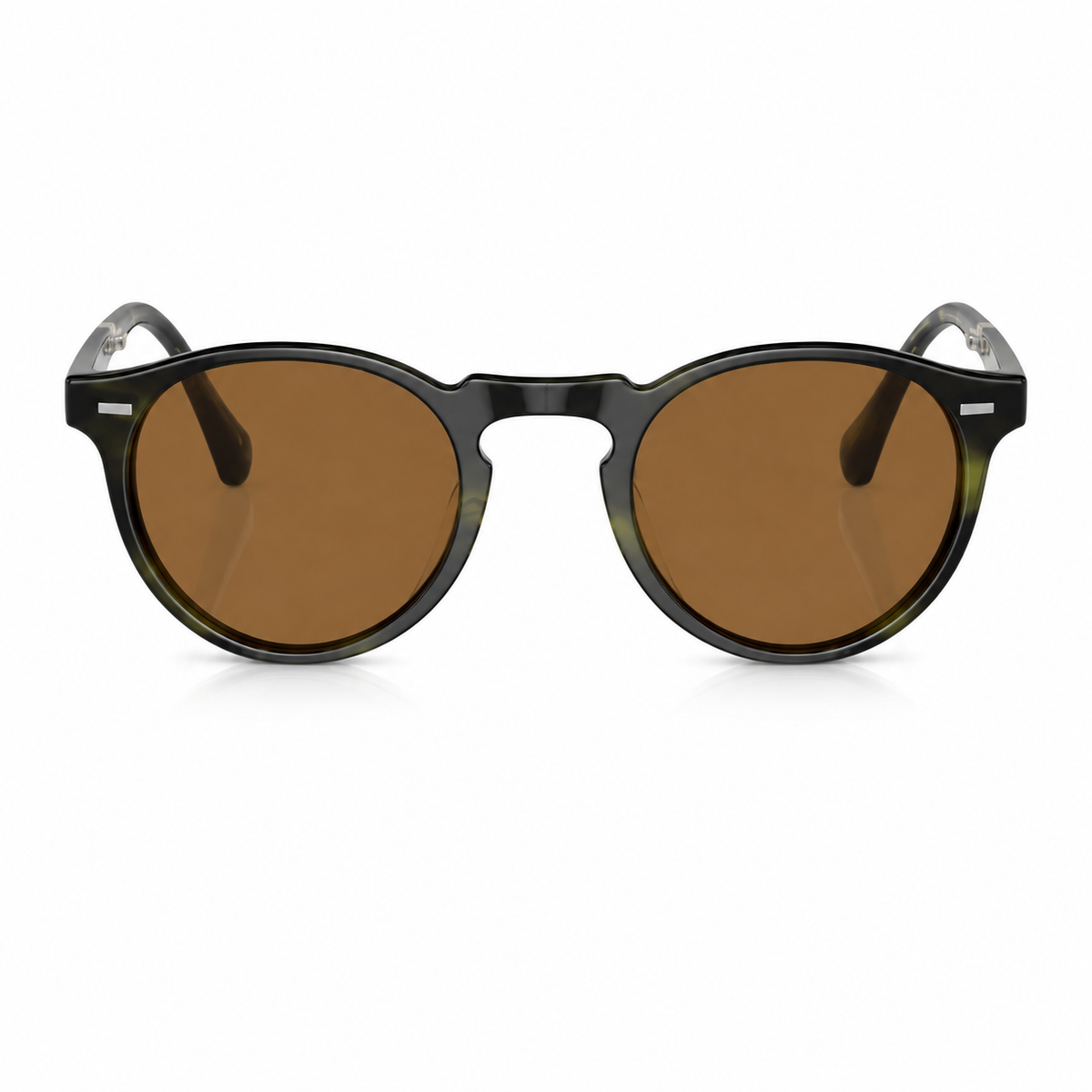 Round sunglasses with a glossy olive frame, brown lenses, and a small silver metal accent on the temples, shown against a plain white background.