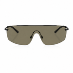 Front angle of black sunglasses with dark lenses on a white background. 