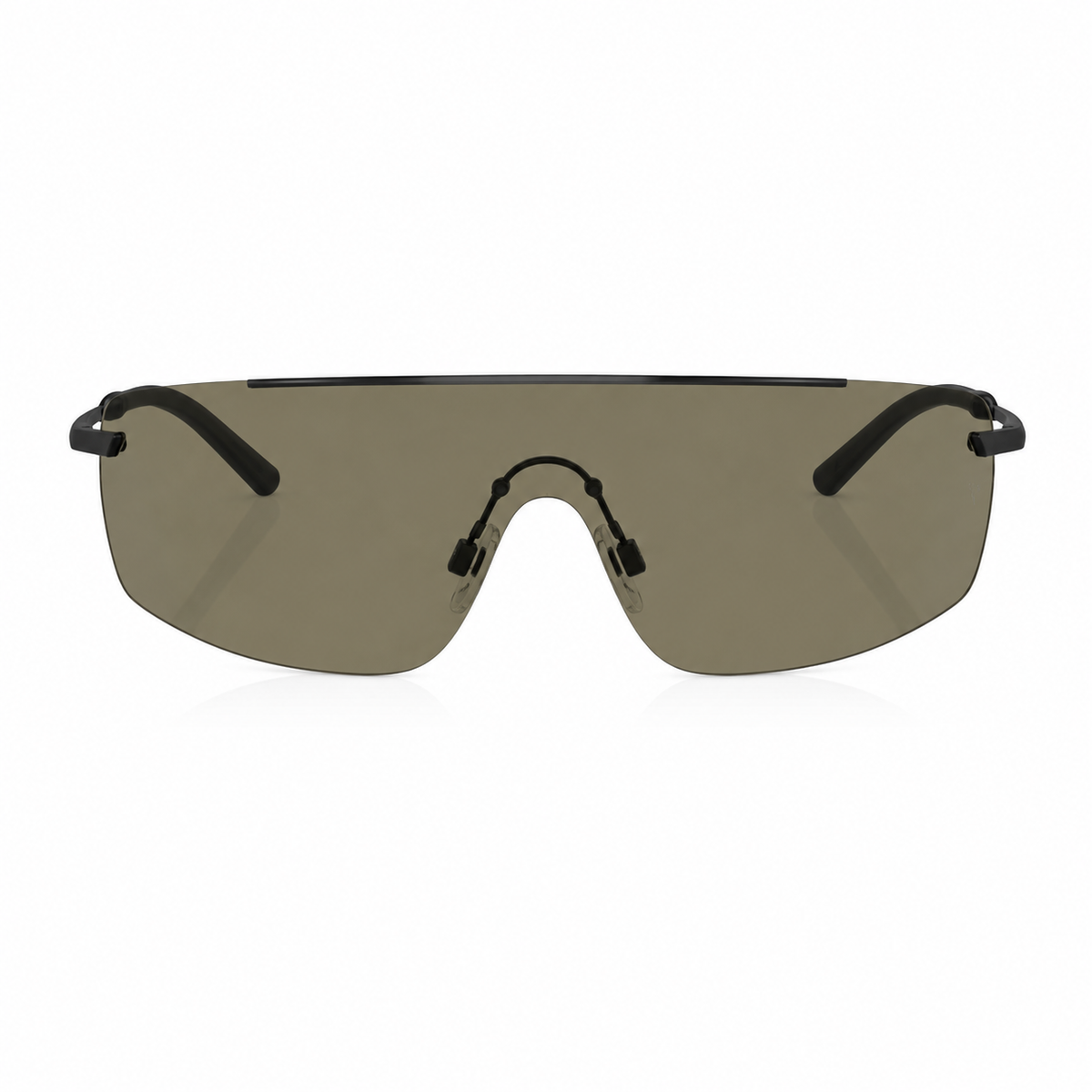 Front angle of black sunglasses with dark lenses on a white background. 