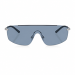 Rimless shield-style sunglasses with a large blue-gray tinted lens, black temple arms, and silver metal hinges, shown against a plain white background.