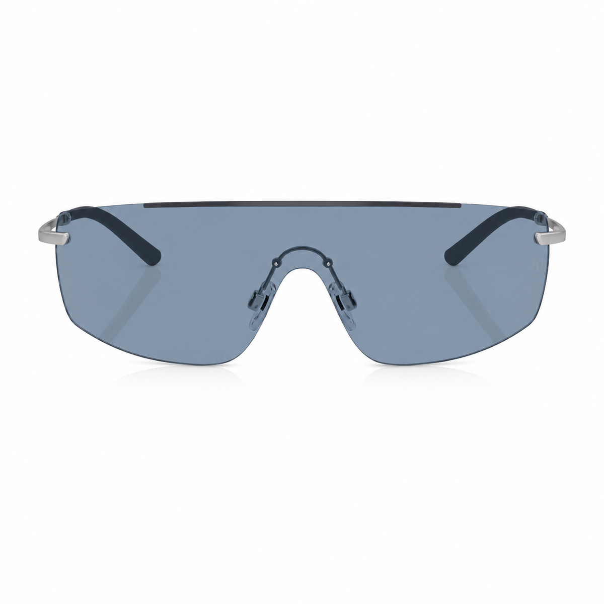 Rimless shield-style sunglasses with a large blue-gray tinted lens, black temple arms, and silver metal hinges, shown against a plain white background.