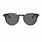 Round sunglasses with a thick black frame and dark gray lenses, shown from the front on a white background.