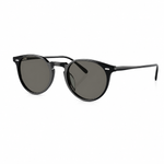 Black round-frame sunglasses with dark gray lenses, shown at a three-quarter angle on a white background.