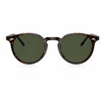 Round sunglasses with a dark brown and black tortoiseshell frame and dark green lenses, shown against a plain white background.
