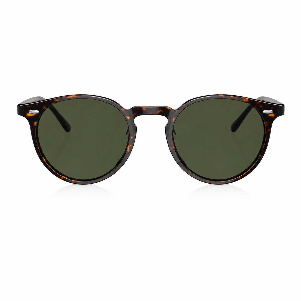 Round sunglasses with a dark brown and black tortoiseshell frame and dark green lenses, shown against a plain white background.