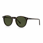 Side angle of round havana framed sunglasses on a white background. 