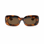 A pair of sunglasses with a glossy tortoiseshell frame in brown and black, featuring dark brown lenses, shown against a plain white background.