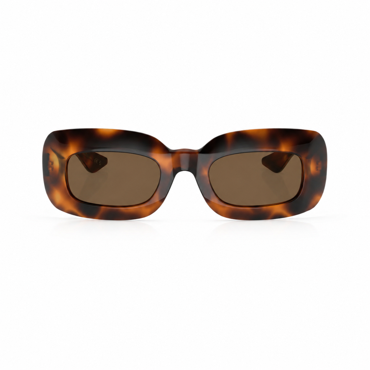 A pair of sunglasses with a glossy tortoiseshell frame in brown and black, featuring dark brown lenses, shown against a plain white background.