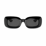Front angle of black sunglasses with dark lenses on a white background. 