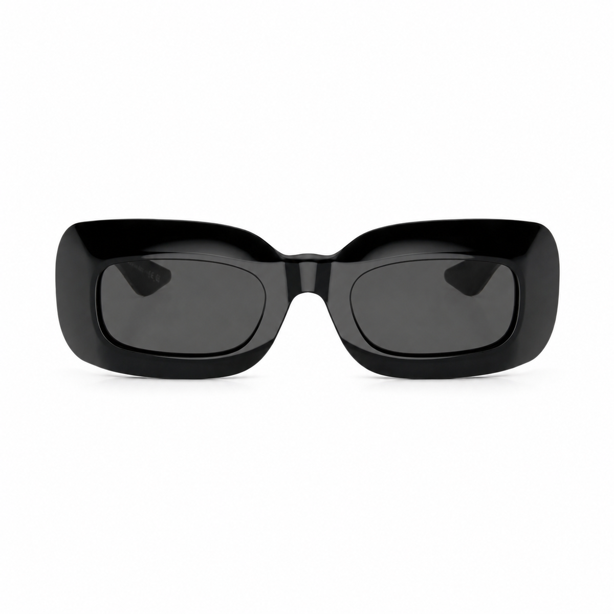 Front angle of black sunglasses with dark lenses on a white background. 