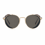 Round sunglasses with a gold metal frame and dark gray lenses, shown from the front on a white background.