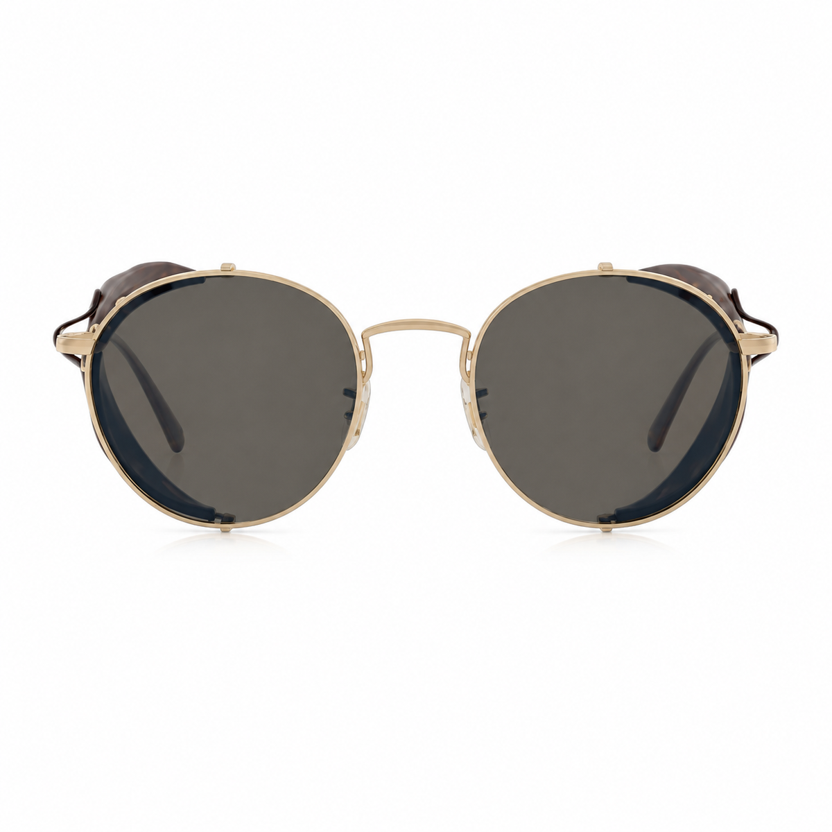 Round sunglasses with a gold metal frame and dark gray lenses, shown from the front on a white background.