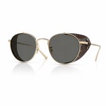 Side angle of oval sunglasses on a white background. 