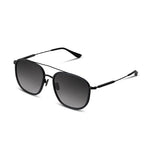 Black metal aviator sunglasses with gradient gray lenses, shown at an angle on a clean white background.
