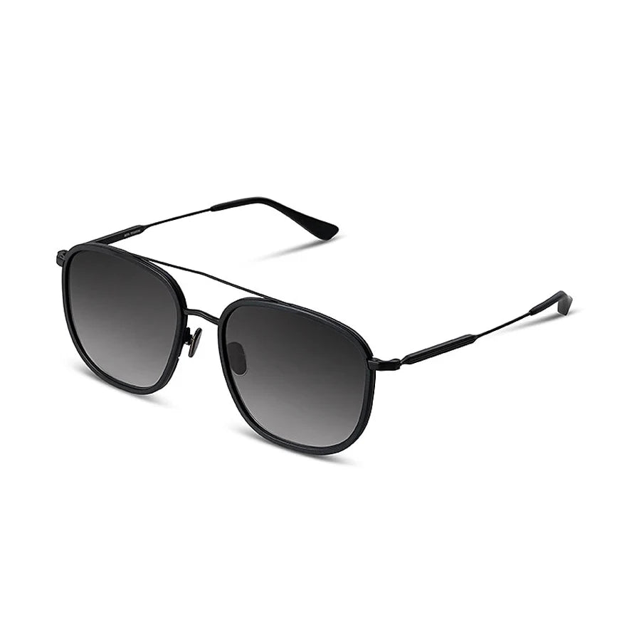 Black metal aviator sunglasses with gradient gray lenses, shown at an angle on a clean white background.