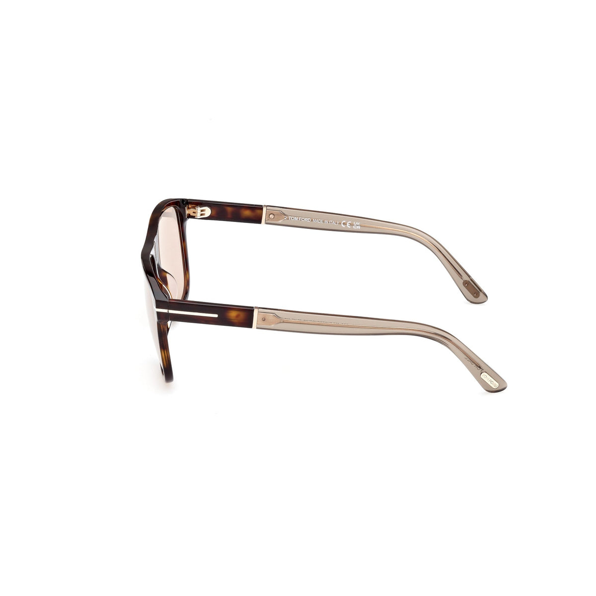 Side angle of frame of sunglasses on a white background.