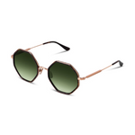 Rose gold sunglasses with dark green lenses on a white background. 