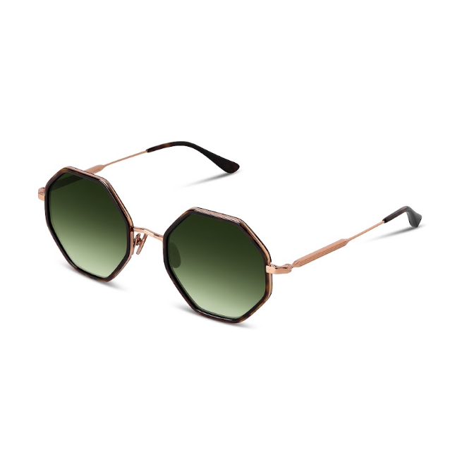 Rose gold sunglasses with dark green lenses on a white background. 