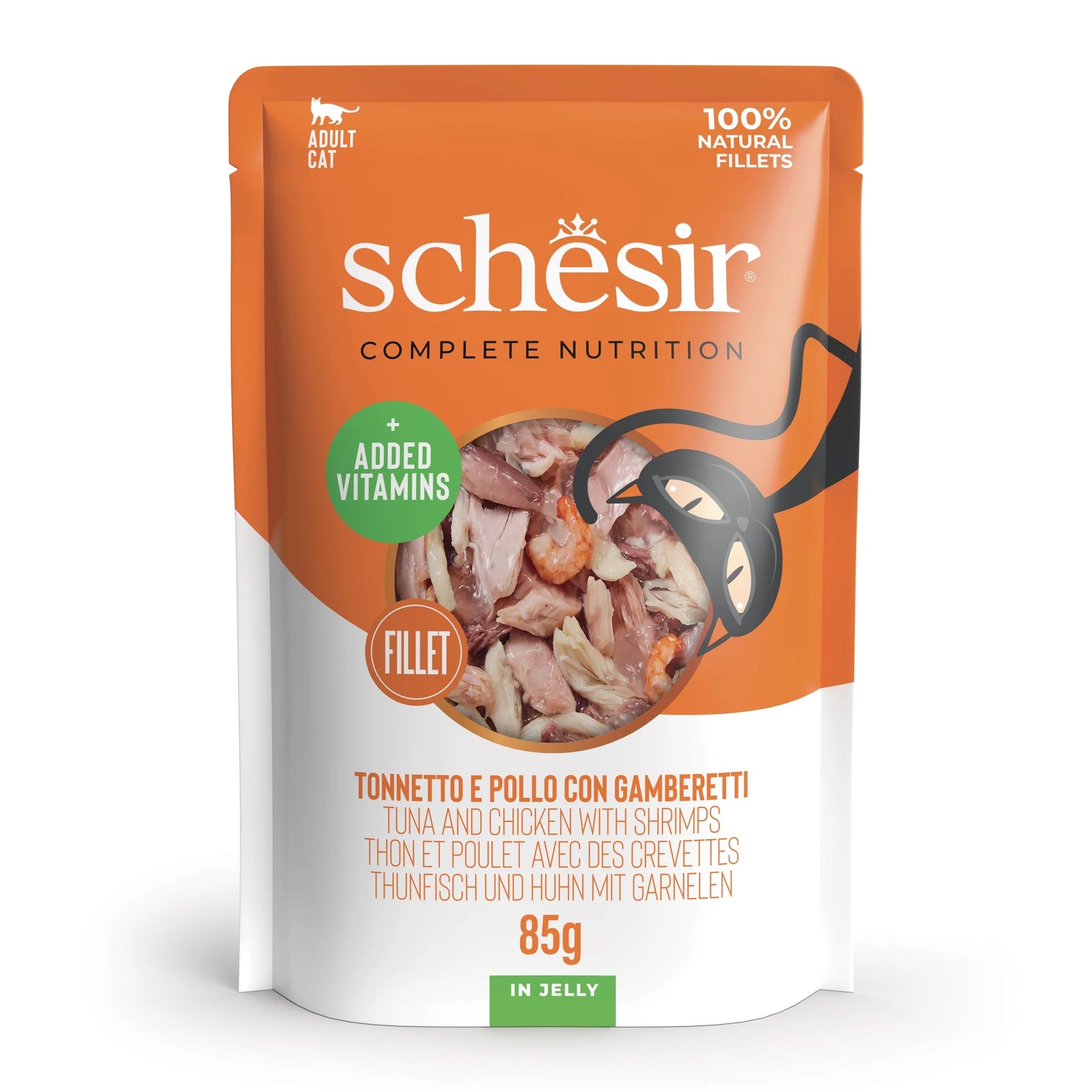 Schesir Complete Nutrition wet food for adult cats Tuna & chicken with shrimps in jelly 85g