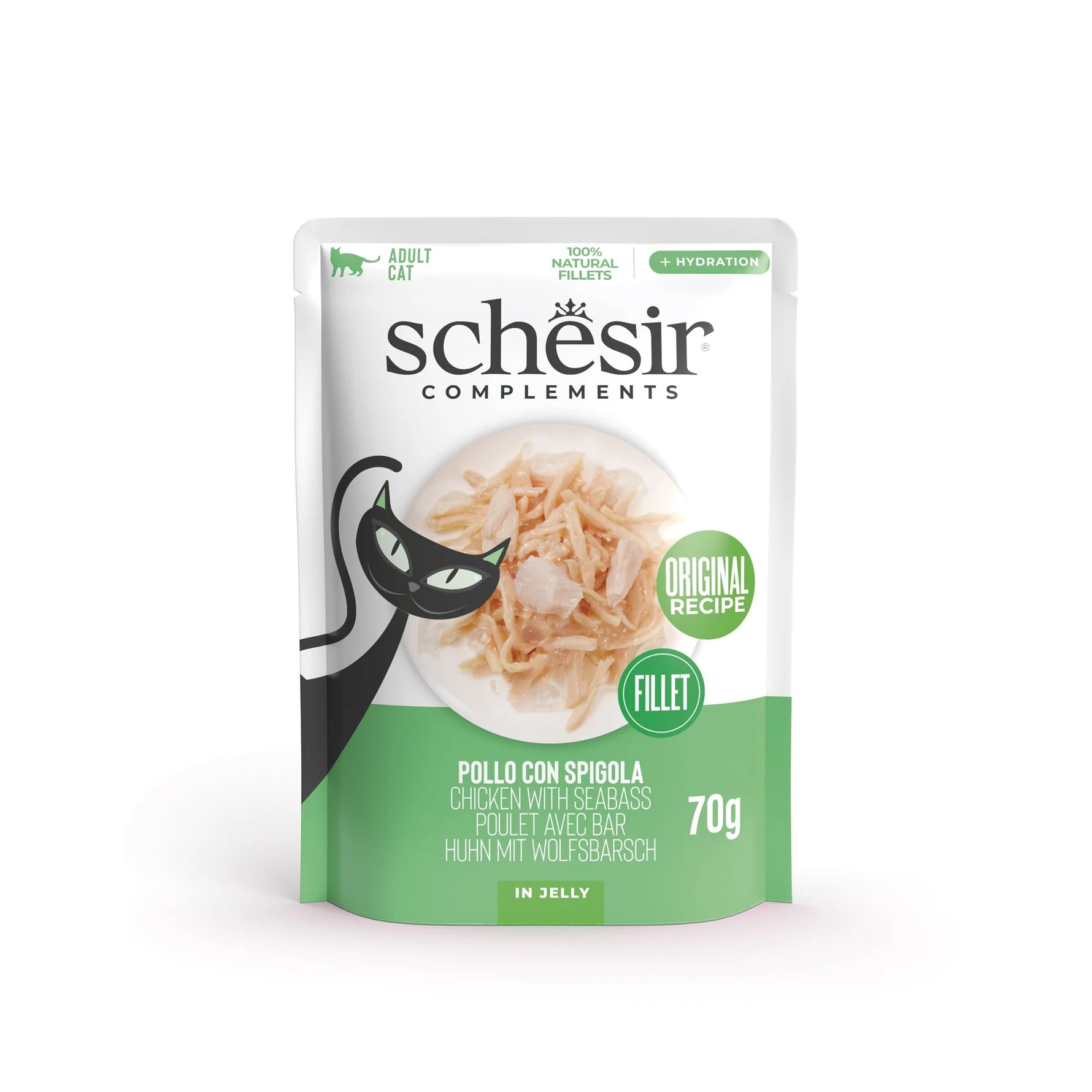 Schesir complements wet food for adult cats Chicken fillets with seabass in jelly 70g