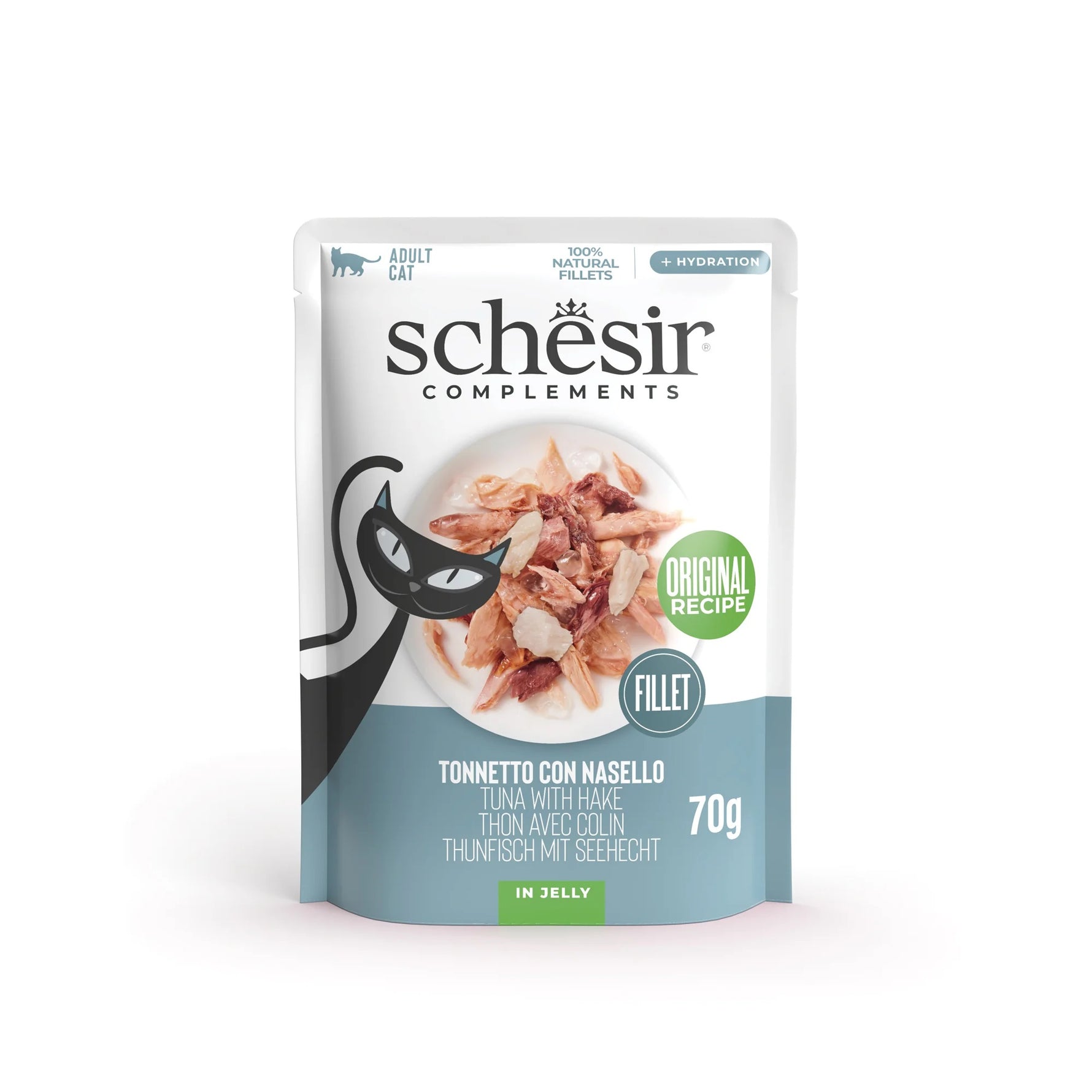Schesir complements wet food for adult cats Tuna with hake in jelly 70g