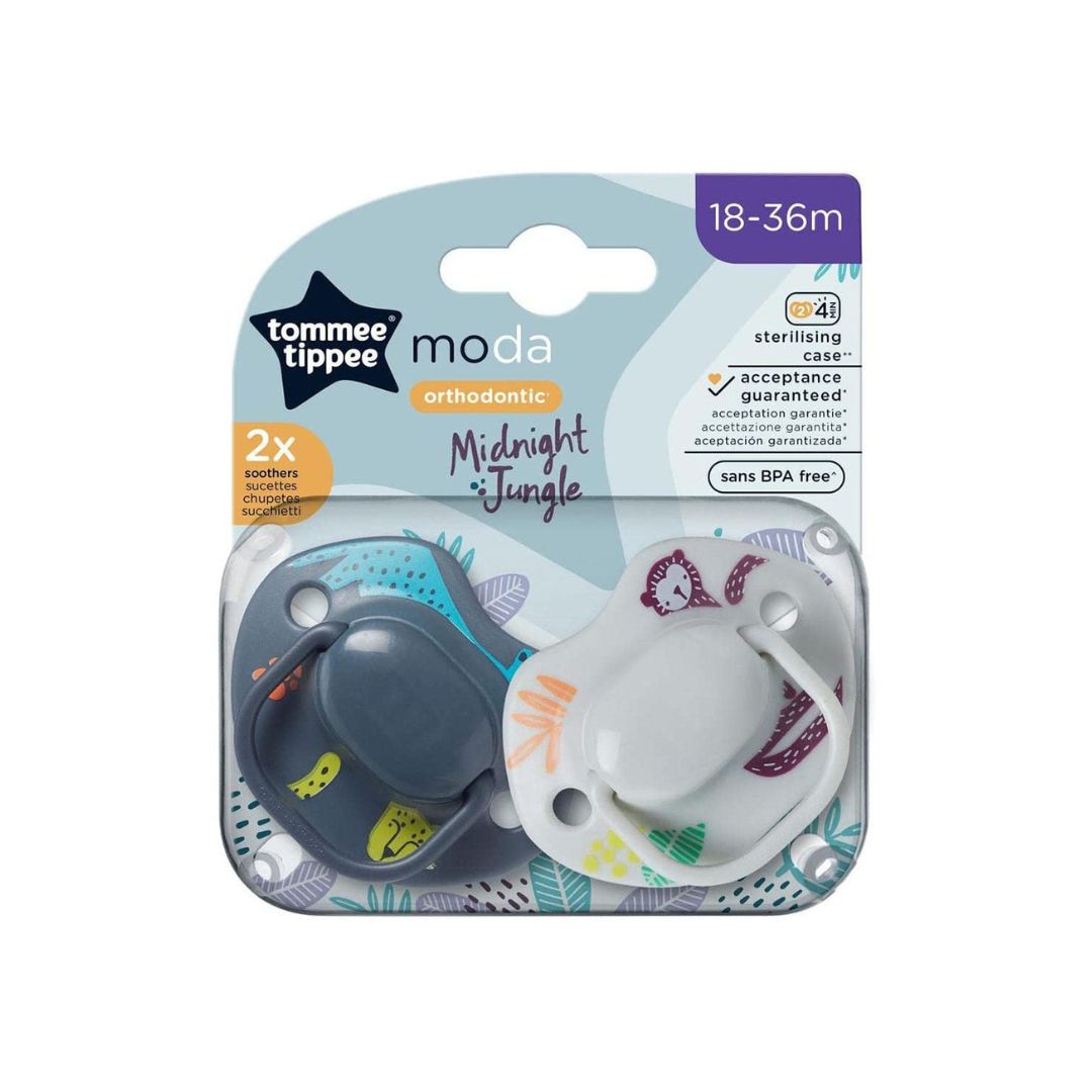 Two Tommee Tippee Moda soothers for toddlers 18-36 months in assorted colors like raspberry and grey.