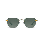 A pair of rimless square sunglasses with dark green lenses and gold metal temples, shown against a plain white background.
