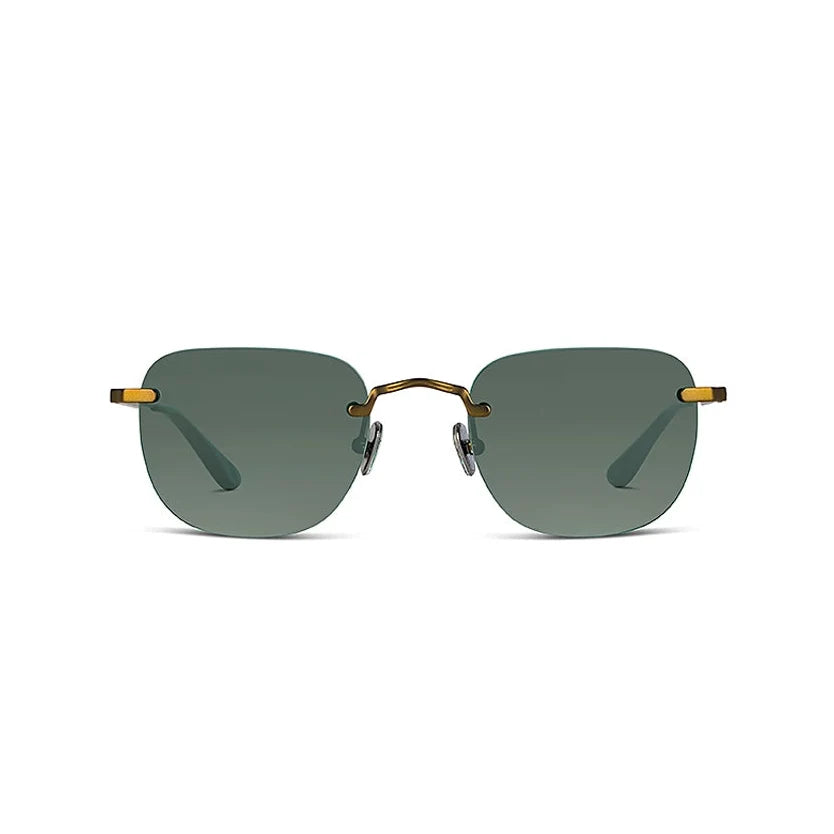 A pair of rimless square sunglasses with dark green lenses and gold metal temples, shown against a plain white background.