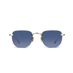 Square rimless sunglasses with blue lenses on a white background. 