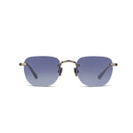 Square gun colored sunglasses with blue lenses on a white background. 