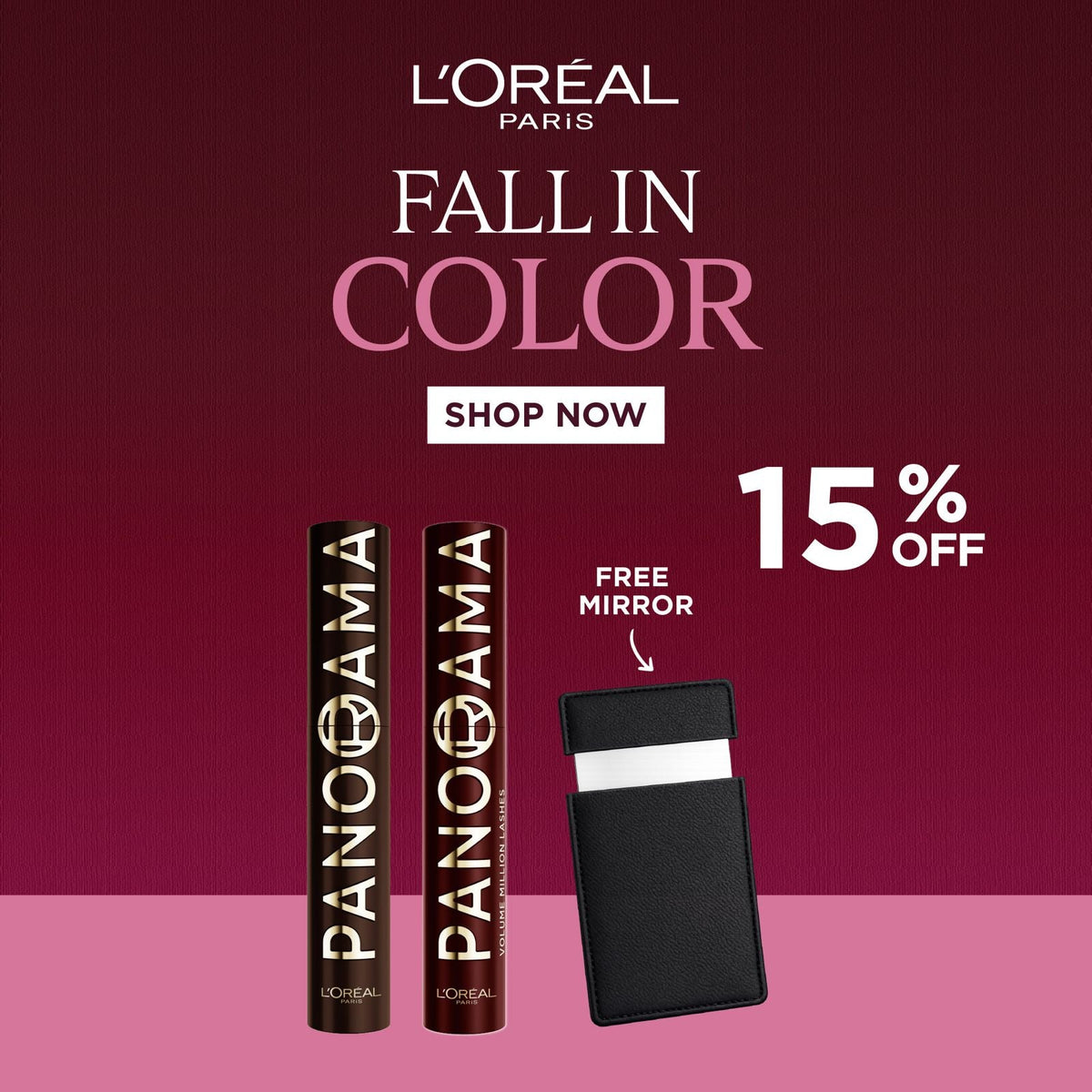 L’Oréal Paris Volume Million Lashes Panorama Mascara Brown + Burgundy Sleeved Duo Get Free Mirror 15% Off
