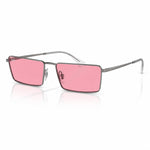 Silver metal frames with pink lenses on a white background.