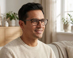 A man wearing tortoiseshell framed eyeglasses and a cream colored sweater.  
