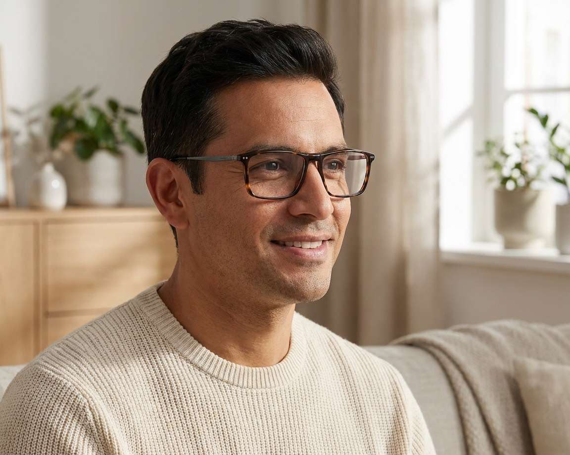 A man wearing tortoiseshell framed eyeglasses and a cream colored sweater.  