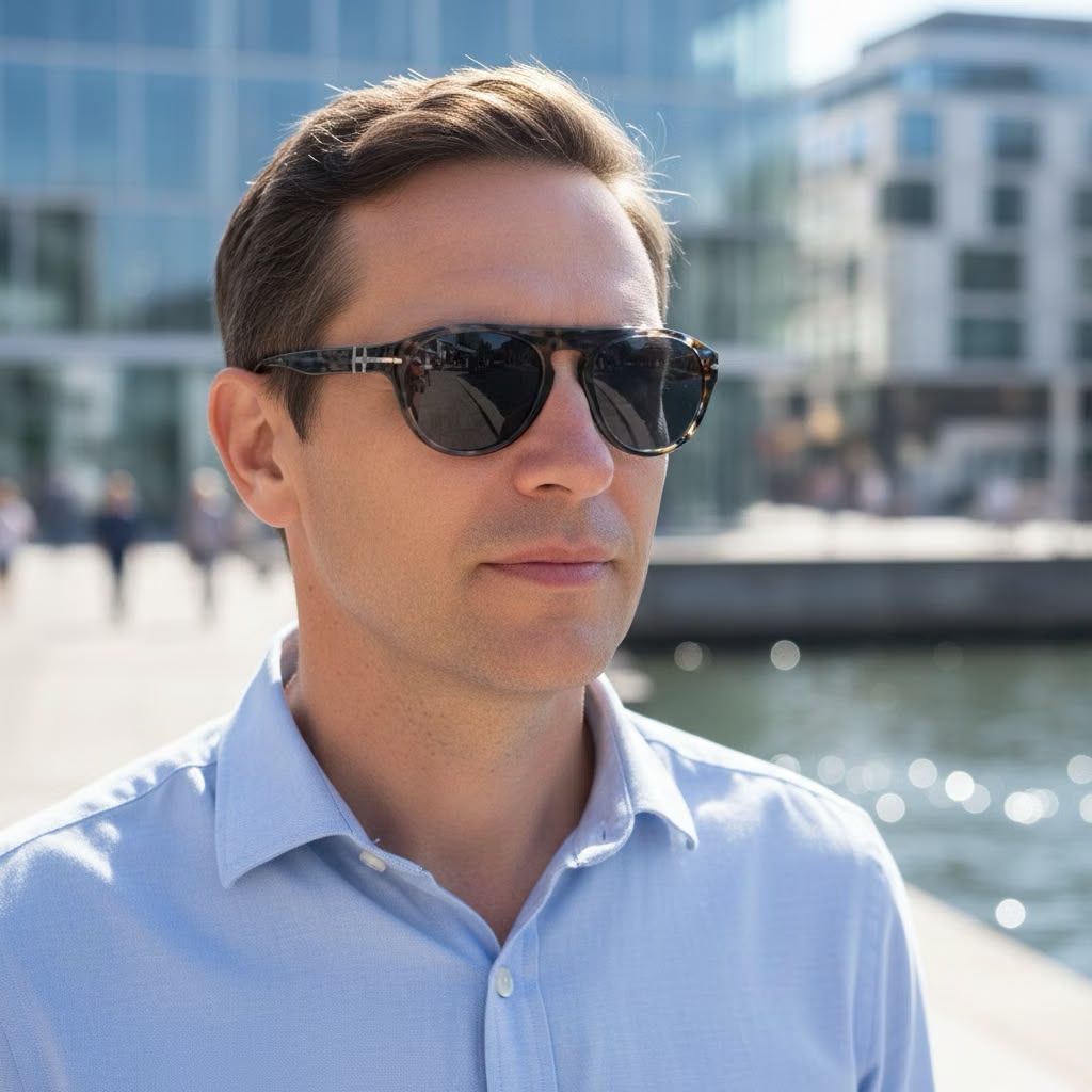 A mean wearing tortoiseshell framed sunglasses with dark tinted lenses and a blue shirt. 