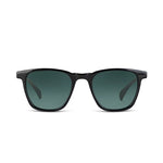 A pair of square sunglasses with a thick black frame and dark green-tinted lenses, shown against a plain white background.