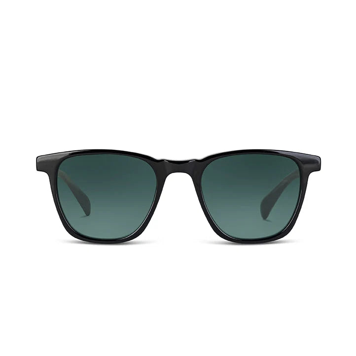 A pair of square sunglasses with a thick black frame and dark green-tinted lenses, shown against a plain white background.