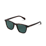 A pair of classic-style sunglasses with a dark brown tortoiseshell frame and dark green lenses, shown on a clean white background.