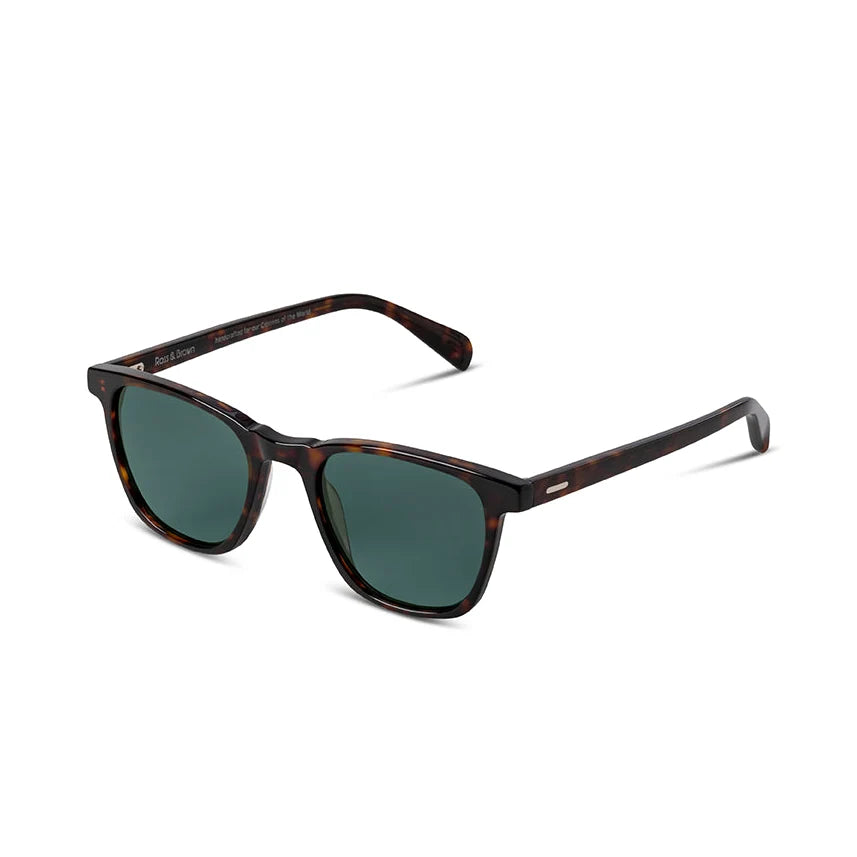 A pair of classic-style sunglasses with a dark brown tortoiseshell frame and dark green lenses, shown on a clean white background.