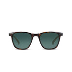 A pair of square sunglasses with a dark tortoiseshell frame and dark green lenses, shown from the front on a solid white background.